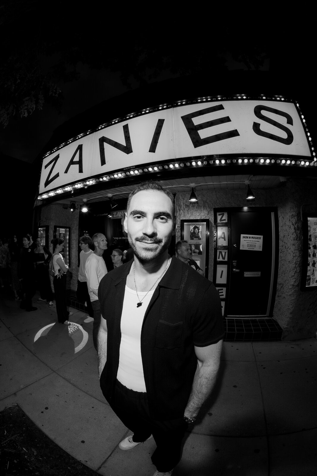 Zaid Fouzi portrait backstage at Zanies Chicago, hands clasped